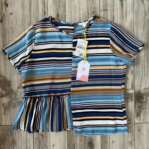 WALKING ON SUNSHINE Girls Gold Blue Stripe Asymmetrical Blouse Large NWT